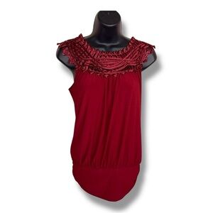 Vintage 90s Medium Perseption Concept Top Burgundy Red Stretch Ornate Neckline